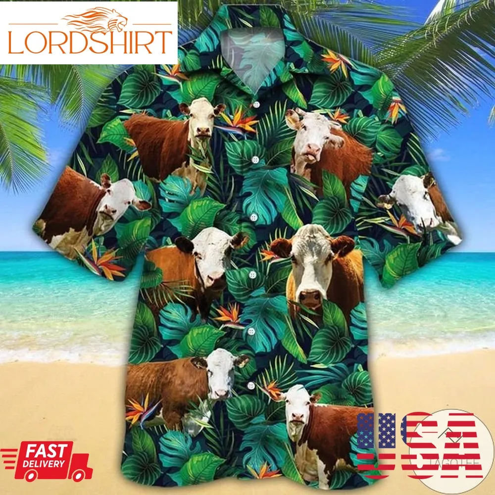 Hereford Cattle Lovers Tropical Leaves Hawaiian Shirt