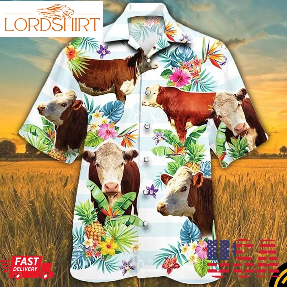 Hereford Cattle Tropical Flower Hawaiian Shirt