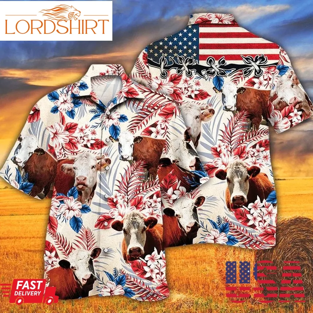 Hereford Cow American Flag Hawaiian Shirt, Cattle Vintage American Flag Hawaii Shirt, Farm Lovers Shirt, Independence Day, 4Th Of July Shirt