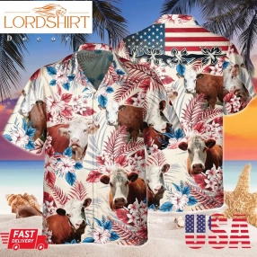 Hereford Cow Hawaiian Shirt, Tropical American Flag Hawaii Shirt, Funny Cattle Farm Animal Shirt, Farmer Aloha Shirt Gift For Him