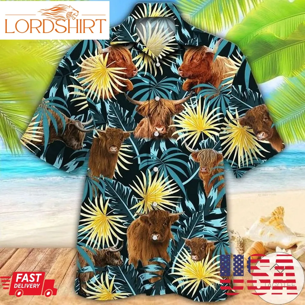 Highland Cattle Lovers Blue And Yellow Plants Hawaiian Shirt