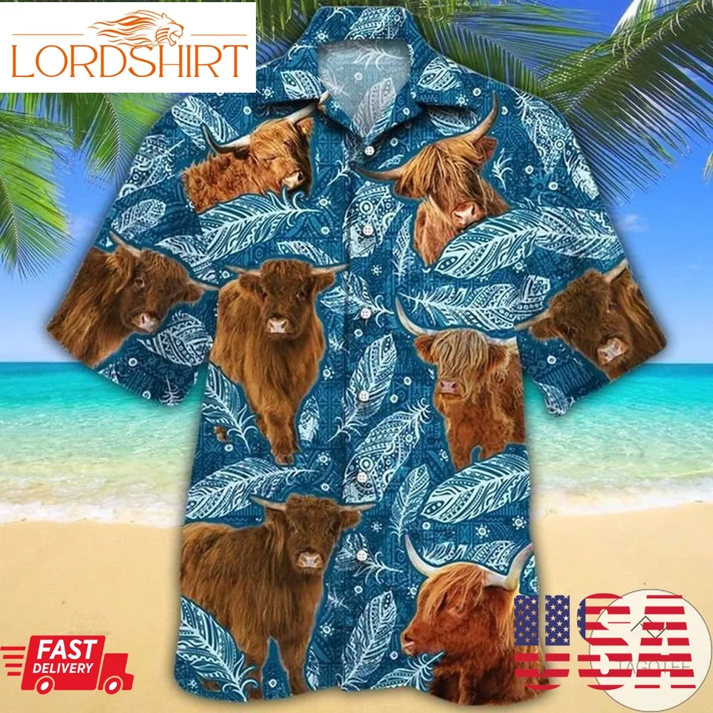 Highland Cattle Lovers Blue Feather Hawaiian Shirt