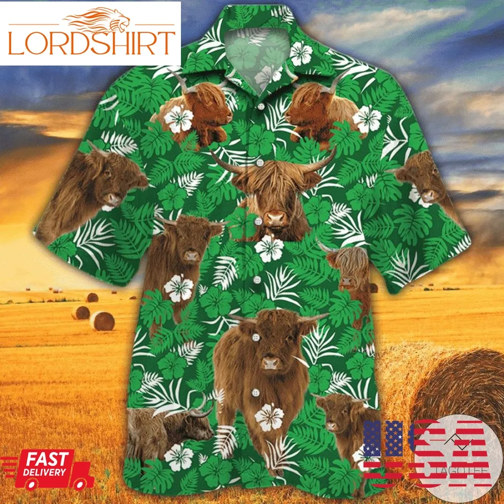 Highland Cattle Lovers Green Floral Pattern Hawaiian Shirt