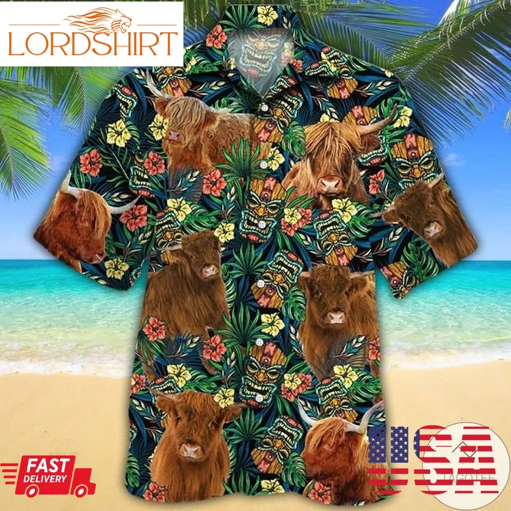 Highland Cattle Lovers Tribal Tiki Mask Hawaiian Shirt