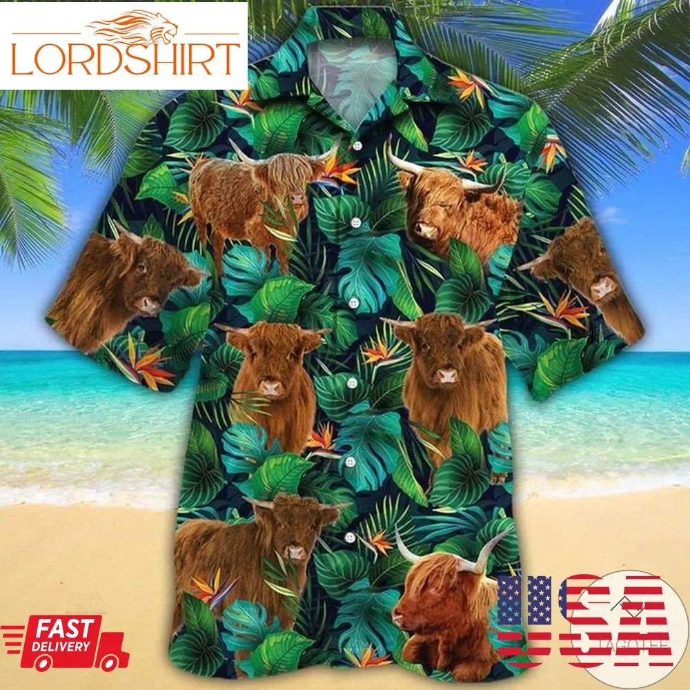 Highland Cattle Lovers Tropical Leaves Hawaiian Shirt