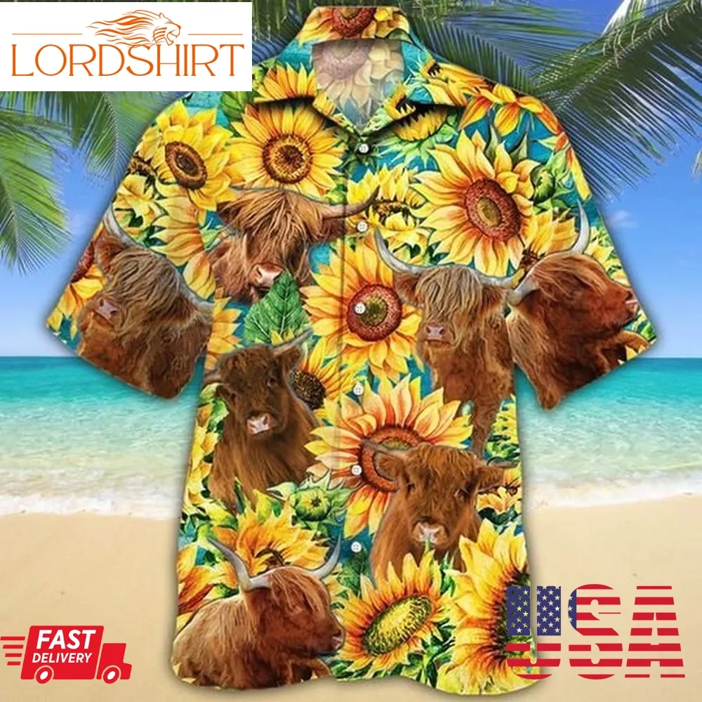 Highland Cattle Watercolor Sunflowers Hawaiian Shirt