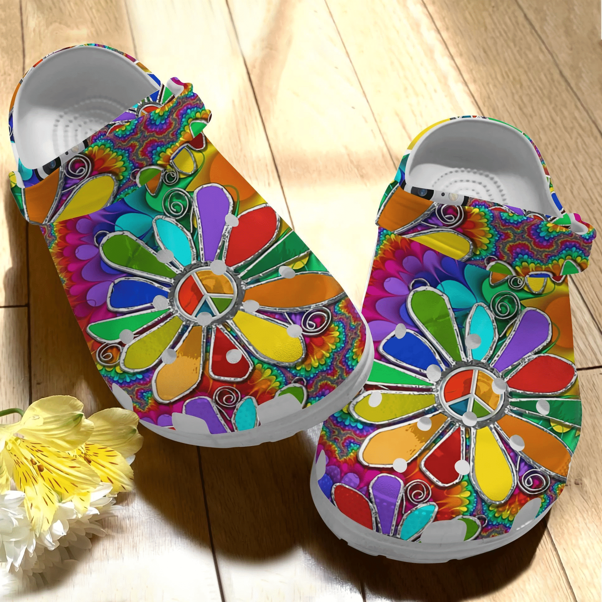 Hippie Flowery Colorful  Gift For Lover Rubber Crocs Crocband Clogs, Comfy Footwear