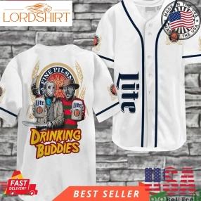 Horror Freddy And Jason Drinking Buddies Miller Lite Halloween Baseball Jersey