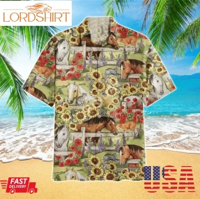 Horse With Sunflowers And Cat Hawaiian Shirt, Hawaiian Shirt Printed For Men Women   Horse Design Vintage Hawaii Beach Shirt Aloha Shirt