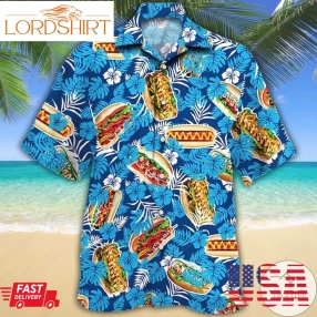 Hot Dog Lovers Blue Floral Hawaiian Shirt