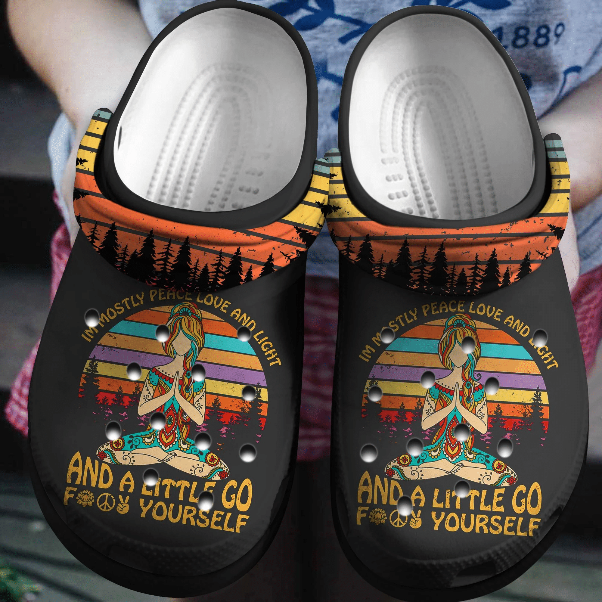 I'M Mostly Peace Love And Light Crocs Shoes   Yoga Girl Art Full Color Crocbland Clog Birthday Gift For Woman Girl Friend