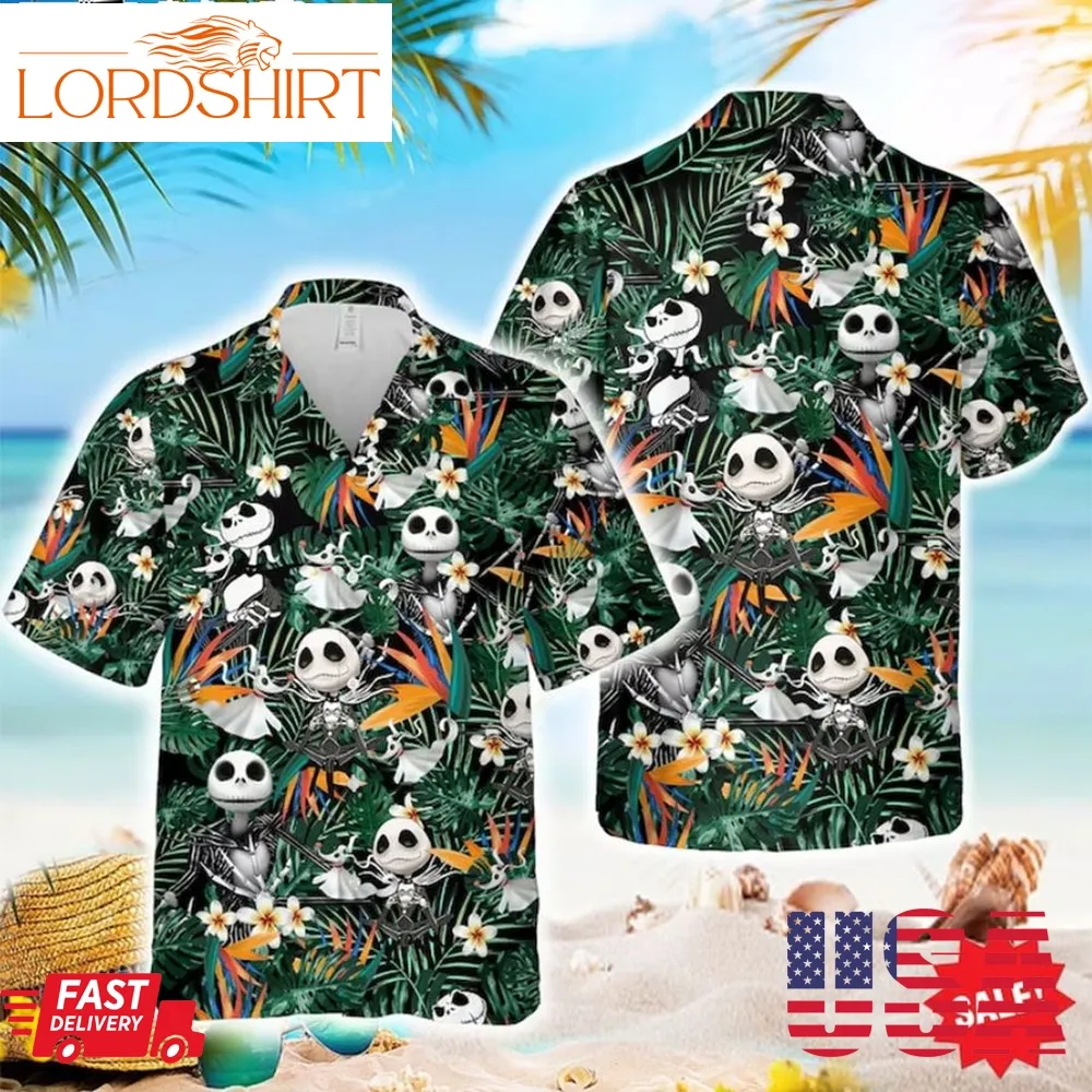 Jack Skellington Tropical Halloween Beach Hawaiian Shirt, Horror Hawaiian Shirt, Nightmare Before Christmas Hawaiian Shirt