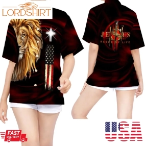 Jesus Saved My Life American Flag Lion Women Hawaiian Shirt For God Lovers