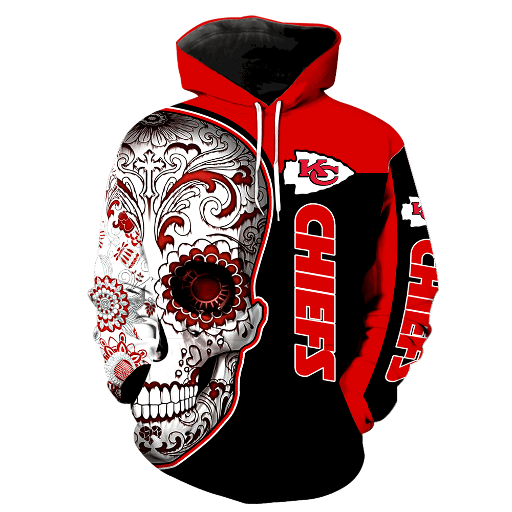 Kansas City Chiefs Skull New Full Over Print V1324 Hoodie Zipper