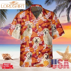 Labrador Retriever Dog Hawaiian Shirt, Red Orange Hibiscus Flower Pattern Aloha Hawaii Shirt, Dog Owners Shirt, Funny Dog Lovers Gift