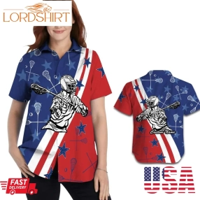 Lacrosse Player American Flag Custom Name Women Hawaiian Aloha Tropical Beach Button Up Shirt For Sport Lovers