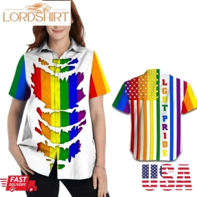 Lgbt Pride Flag American Flag Women Aloha Button Up Hawaiian Shirt For Lgbtq Community In Daily Life Unique Gifts