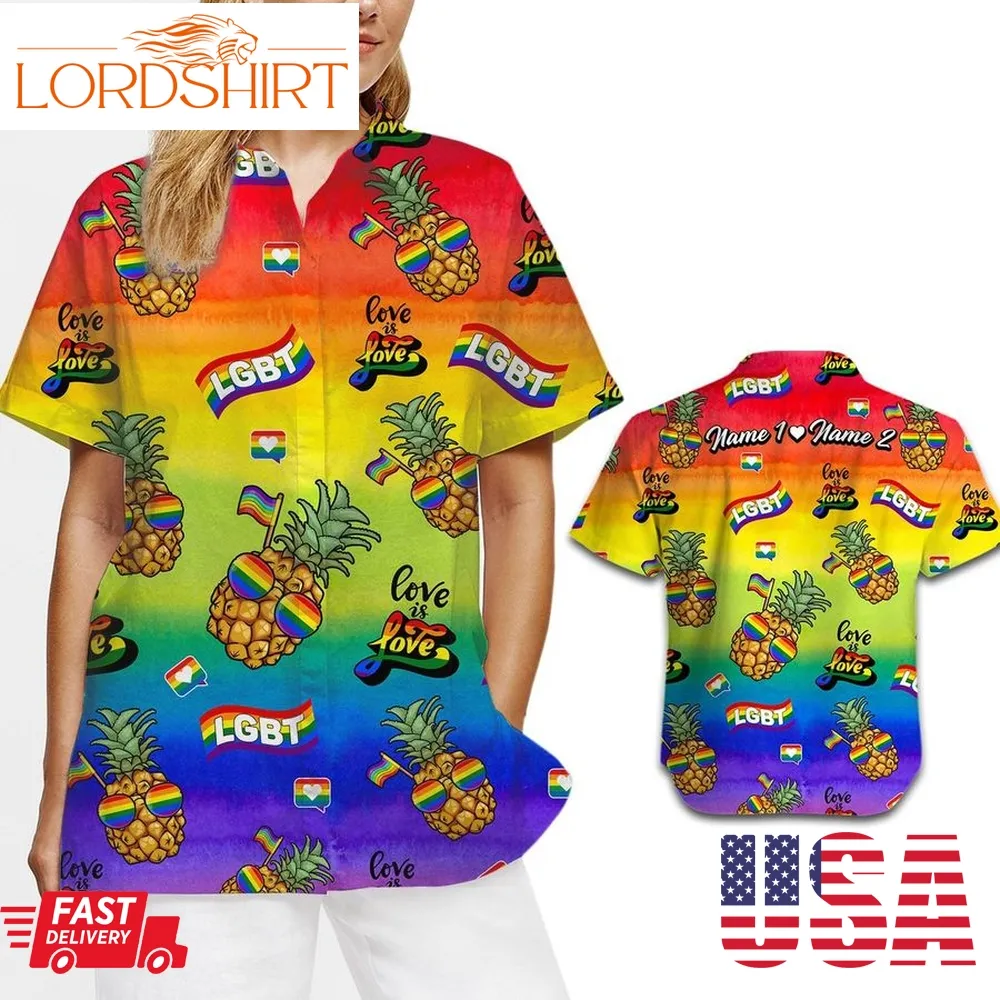 Love Is Love Lgbt Rainbow Pineapples Custom Name Women Hawaiian Shirt For Lgbtq Community