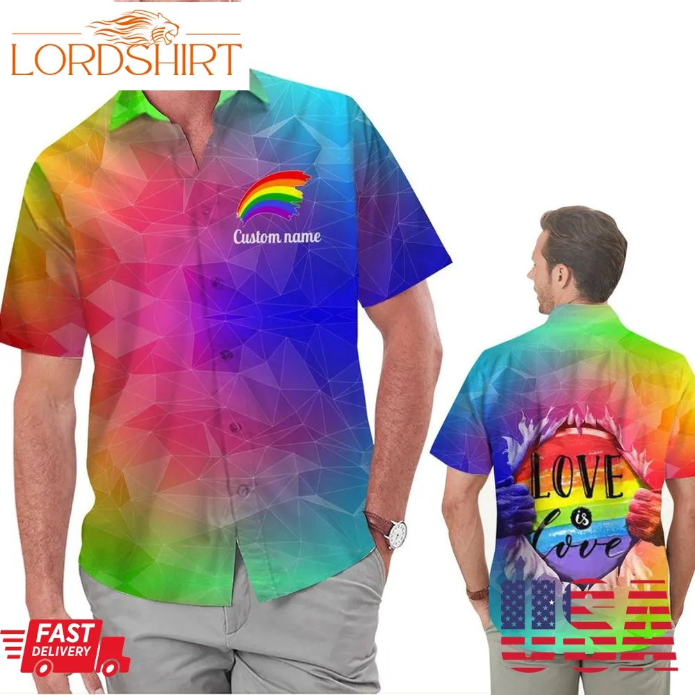 Love Is Love Rainbow Geometric Custom Name Men 3D Hawaiian Aloha Tropical Beach Button Up Shirt Fir Lgbtq In Pride Month