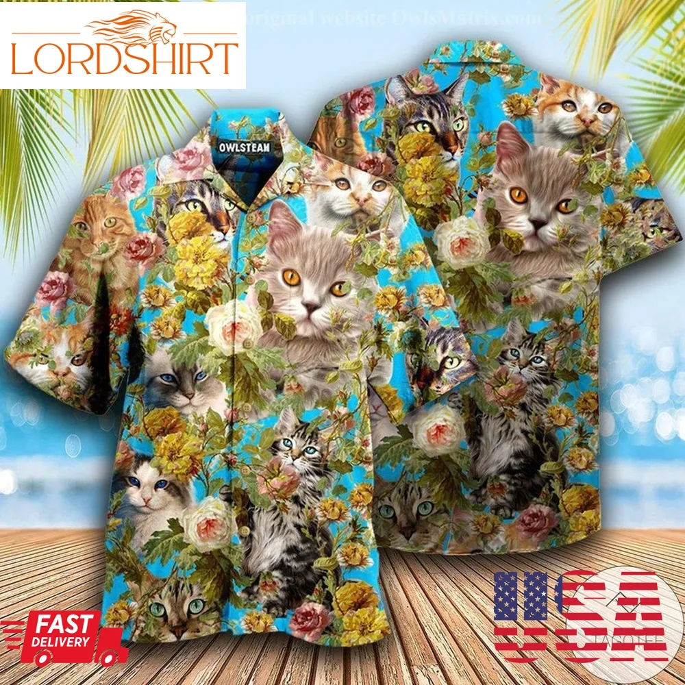 Lovely Cat And Flower Printed Hawaiian Shirt