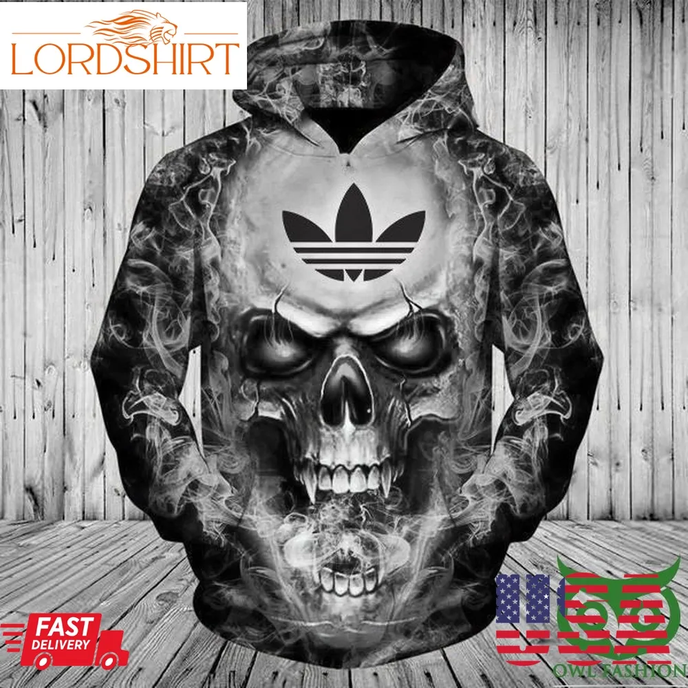 Luxury Adidas With Logo And Huge Angry Skull And Smoke 3D Shirt