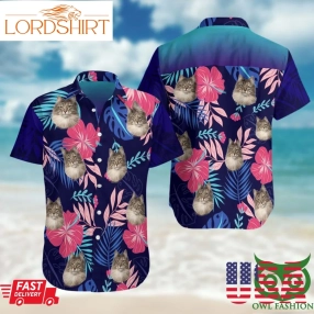 Maine Coon Cat Floral Beach View Dark Blue Hawaiian Shirt