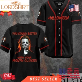 Michael Myers Halloween Costume Out Fit Ideas Horror Mouth Closed Baseball Jersey