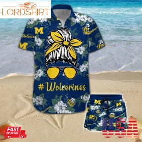 Michigan Wolverines Girl Messy Bun Short Sleeve Button Up Tropical Aloha Hawaiian Shirts For Men Women