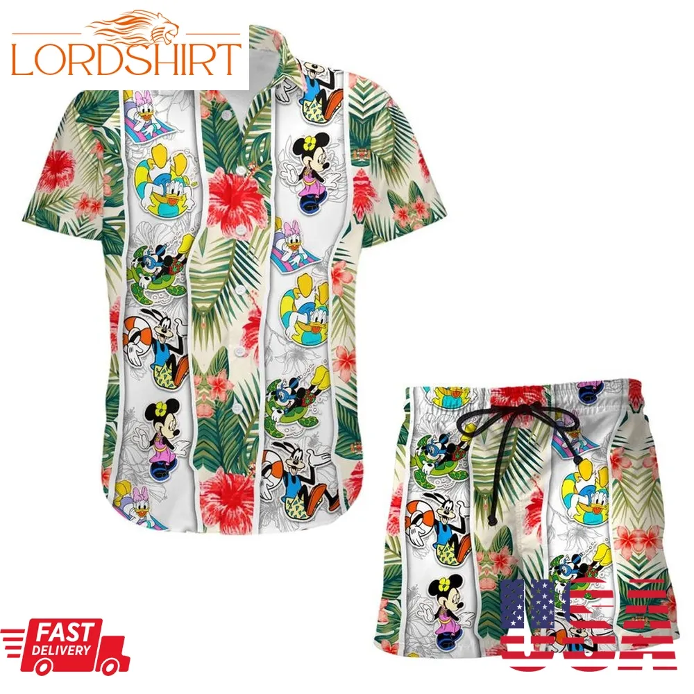 Mickey & Friends  Disney Hawaiian Summer Tropical Print Vacation Button Down Shirt Shorts Set Unisex Cartoon Graphic Outfits Men Women