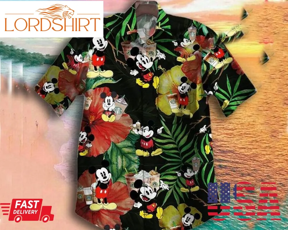 Mickey Mouse With Milk Tea Disney For Men And Women Graphic Print Short Sleeve Hawaiian Casual Shirt Y97