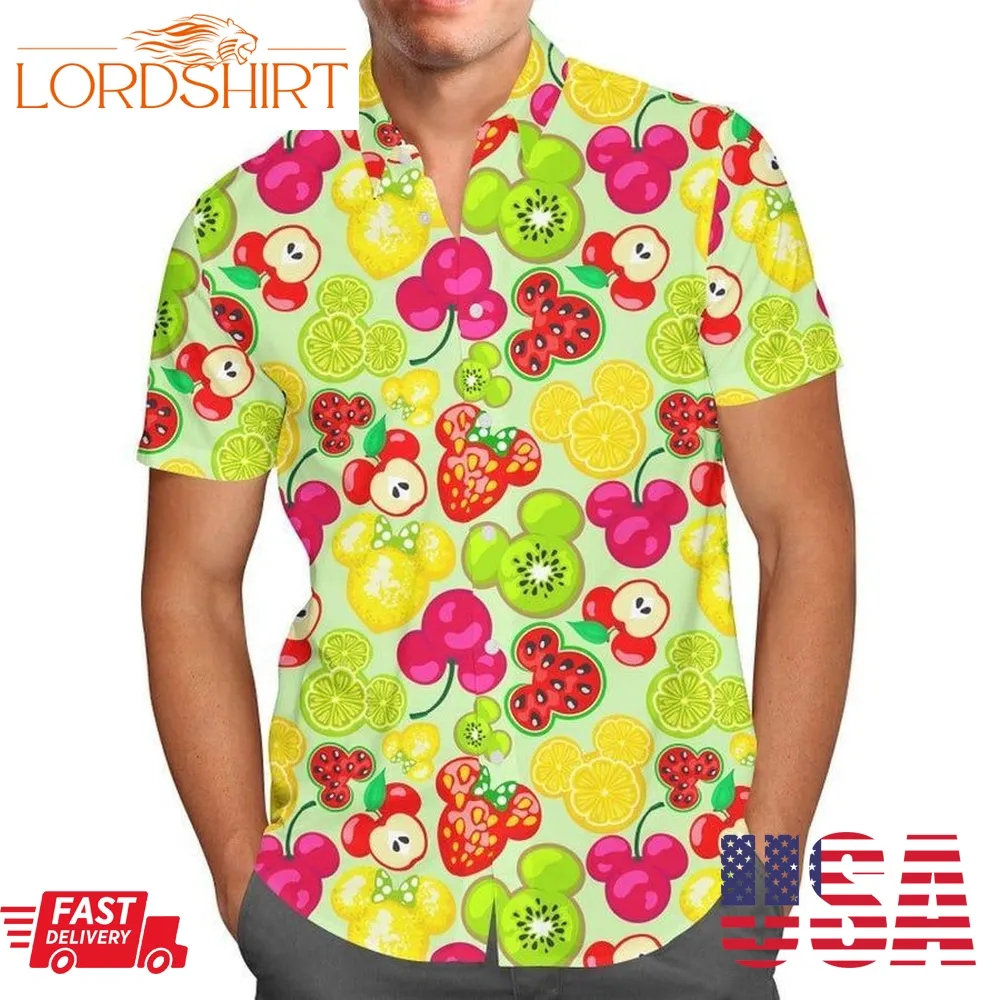 Mickey'S Fruit Fiesta Disney For Men And Women Graphic Print Short Sleeve Hawaiian Casual Shirt Y97