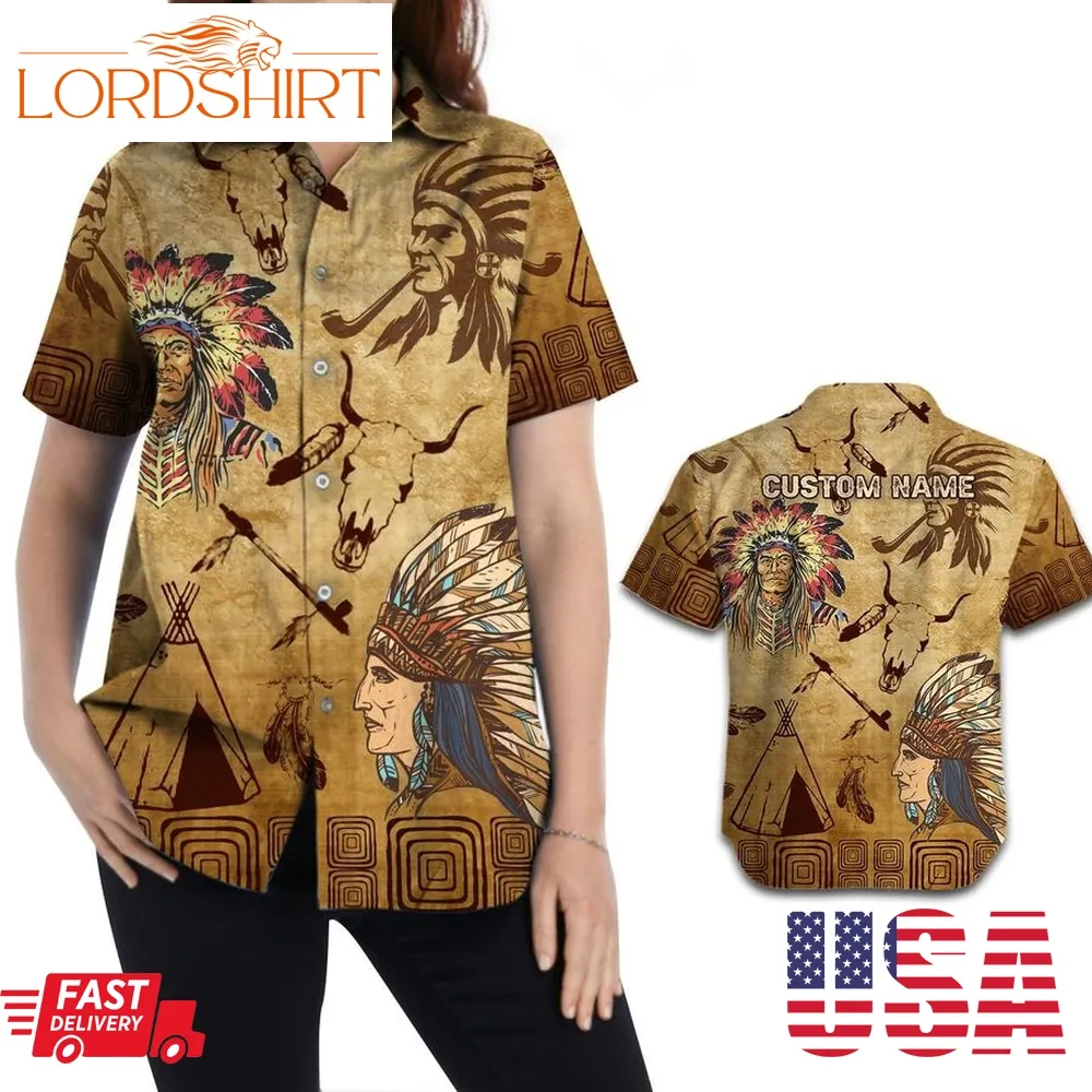 Native American Symbol Pattern Feather Hat Custom Name Personalized Women Button Up Hawaiian Shirt For American Indian