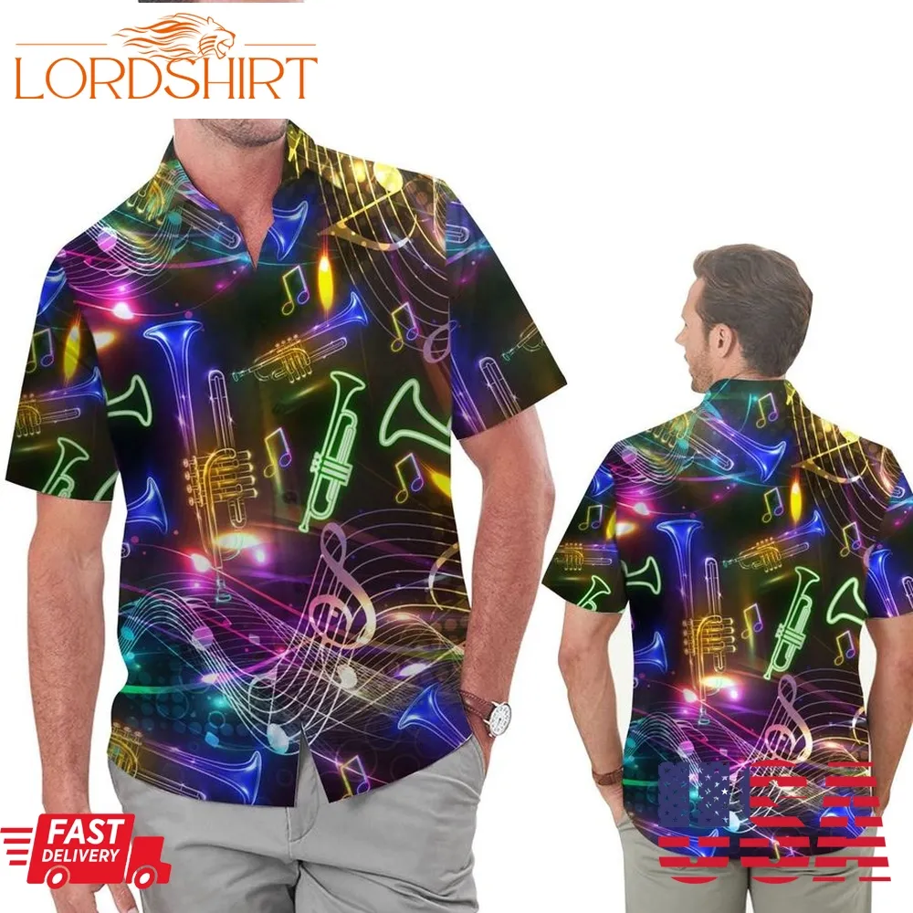 Neon Trumpet Music Staves Men Hawaiian Shirt For Trumpeters In Daily Life