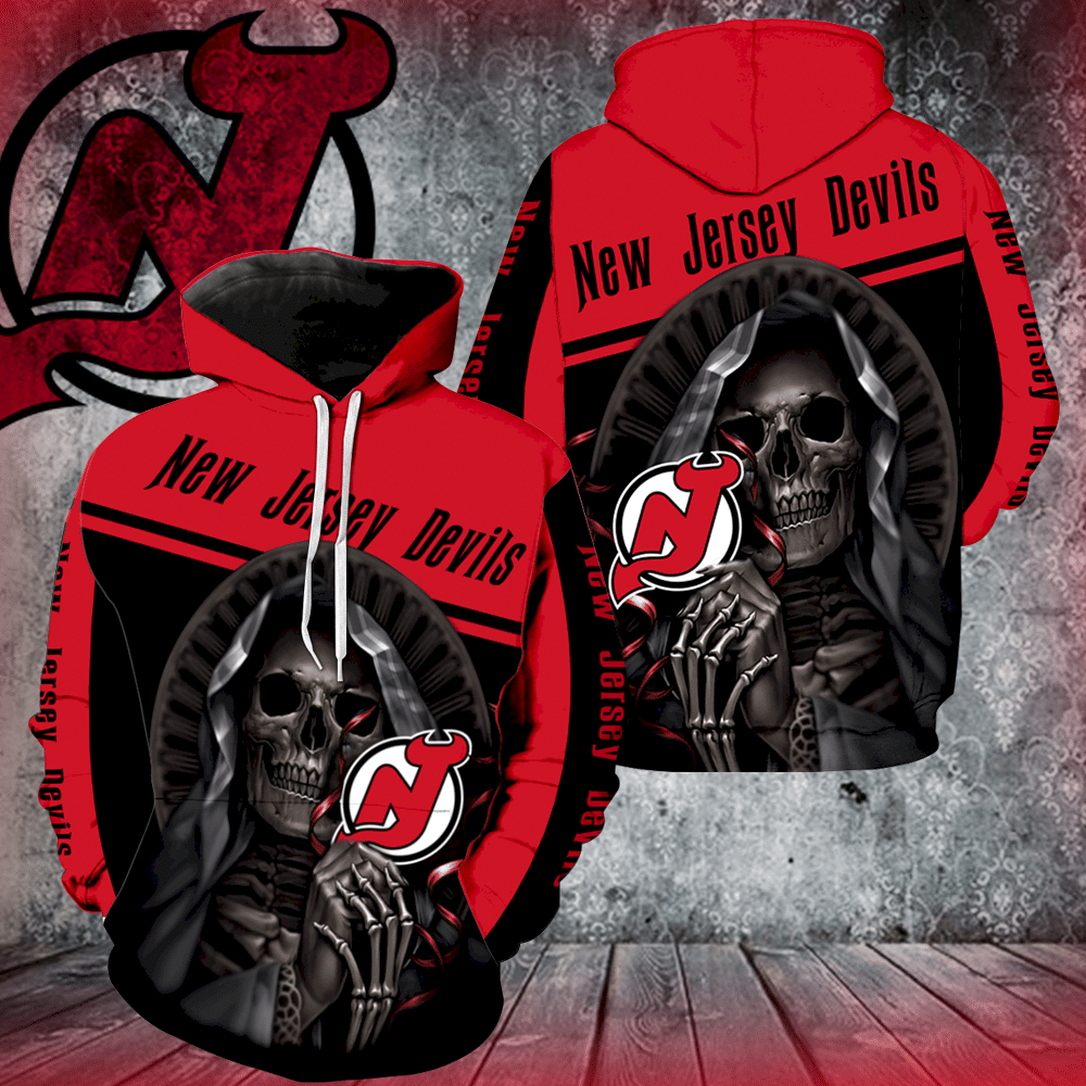 New Jersey Devils Skull All Over Print V1241 Hoodie And Zipper