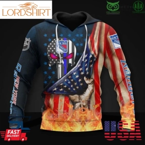 New York Rangers American Blazing Skull Printed Hoodie Sweatshirt Tshirt