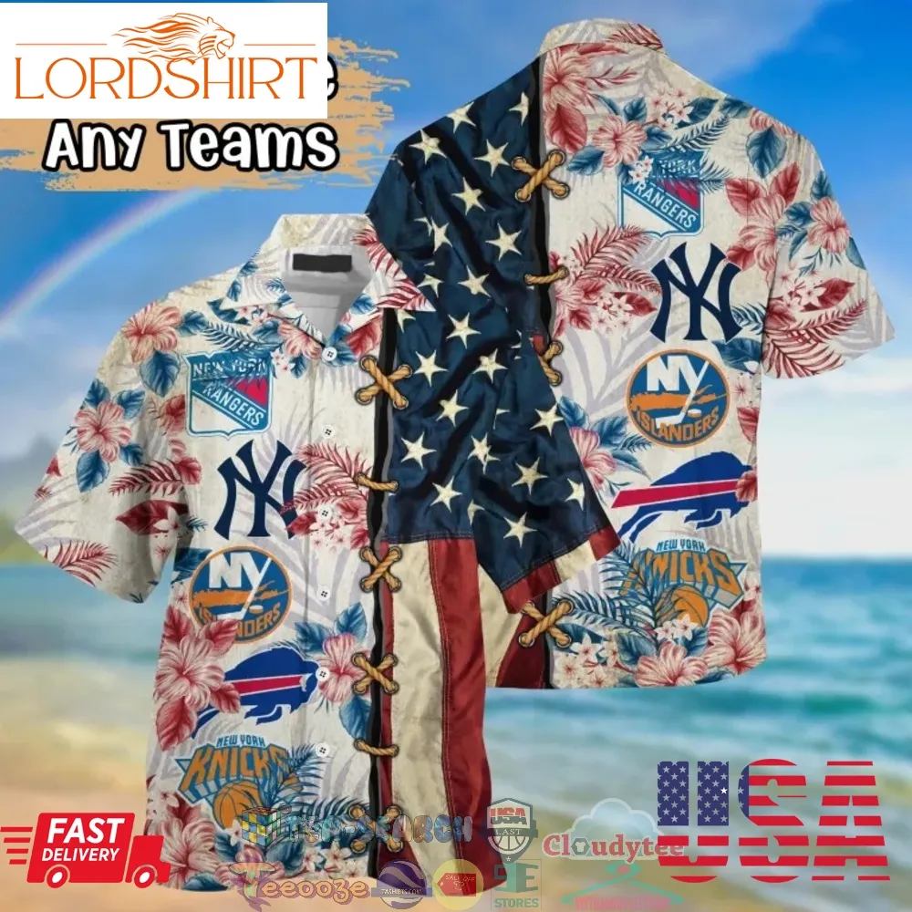 New York Sport Teams Hibiscus Tropical 4Th Of July Hawaiian Shirt  Saleoff