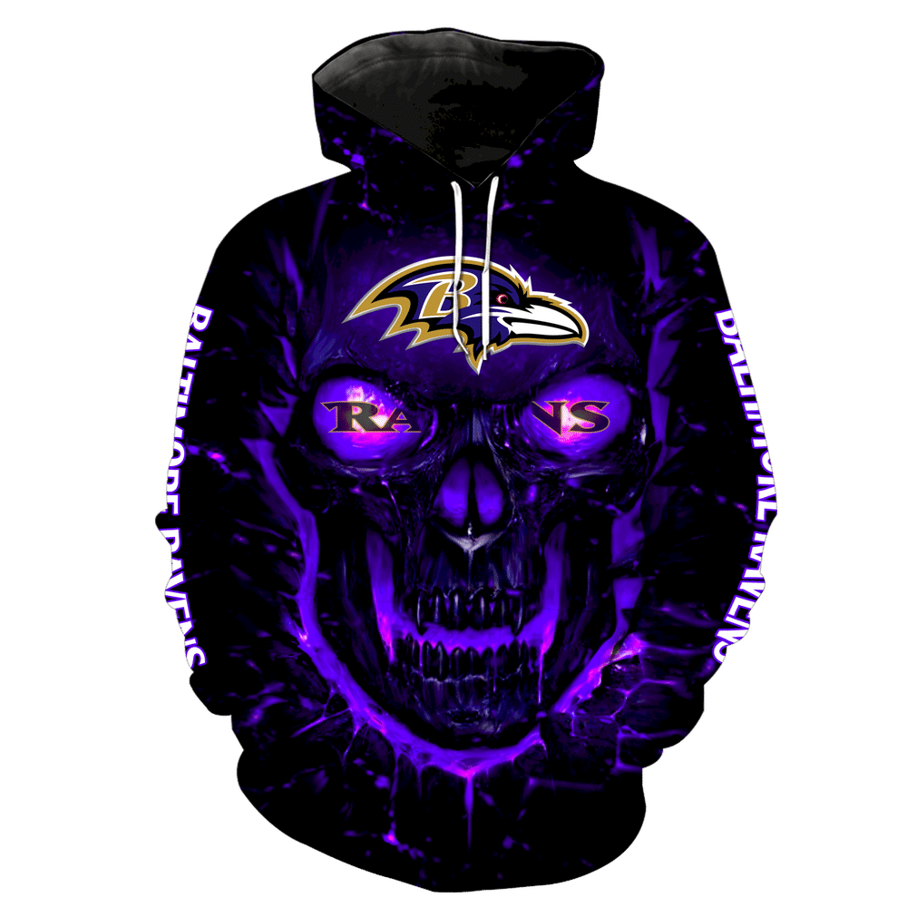 Nfl Baltimore Ranves Puprle Glowing Skull 3D Hoodie Sweatshirt