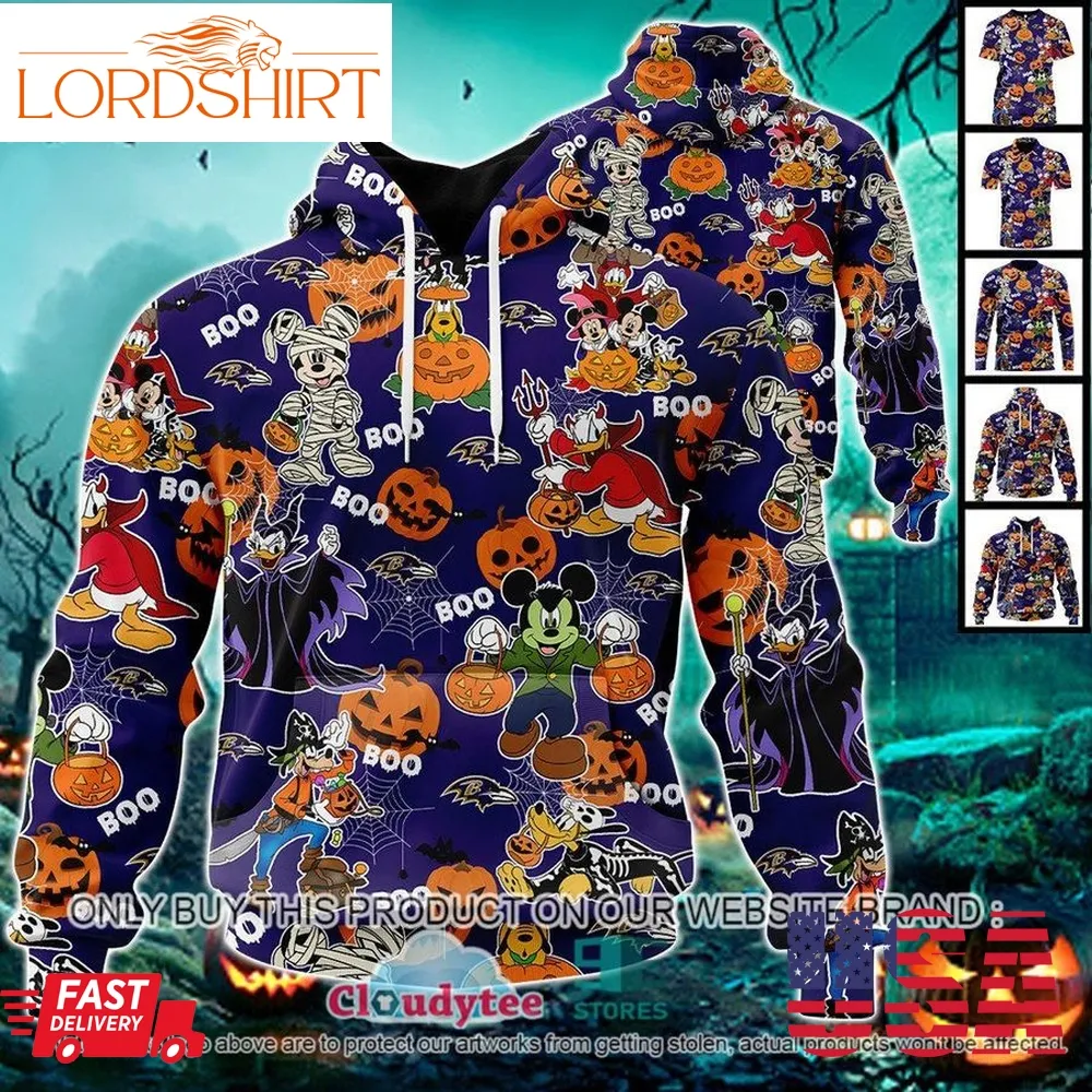 Nfl Baltimore Ravens Halloween Pumpkin Mickey With Friends Disney Style 3D Hoodie, Shirt