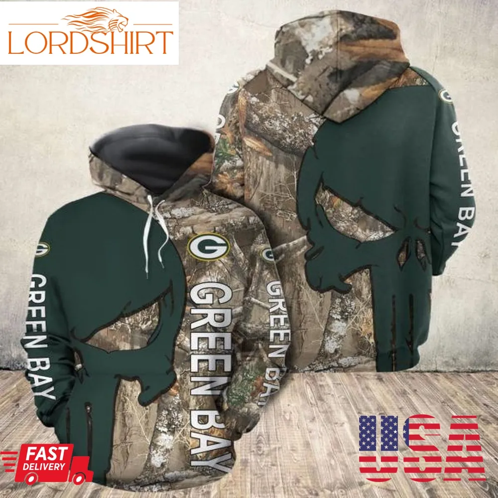 Nfl Green Bay Packers Punisher Skull Tree Camo Men And Women 3D Full Printing Hoodie Shirt Nfl Green Bay Packers 3D Full Printing Shirt