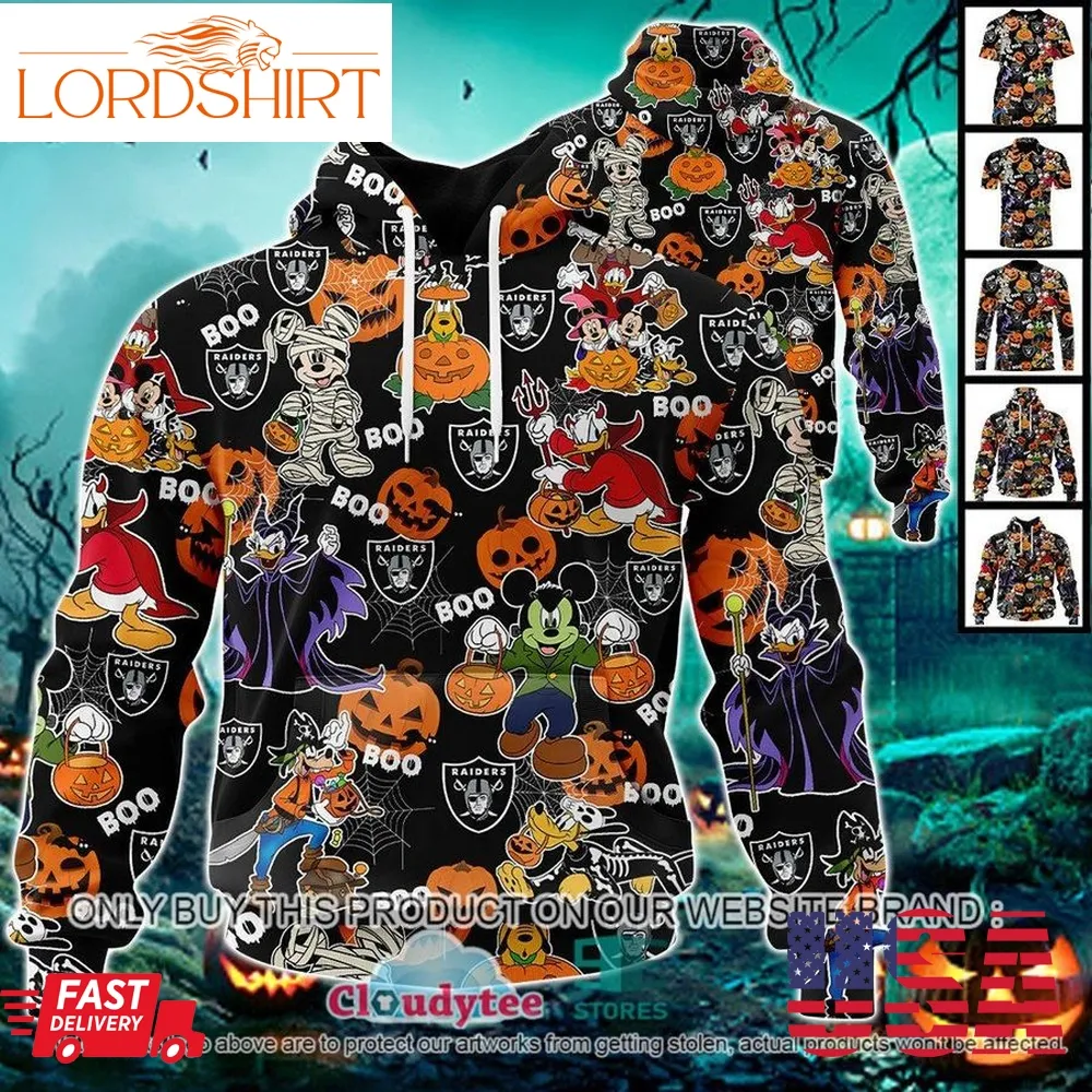 Nfl Las Vegas Raiders Halloween Pumpkin Mickey With Friends Disney Style 3D Hoodie, Shirt