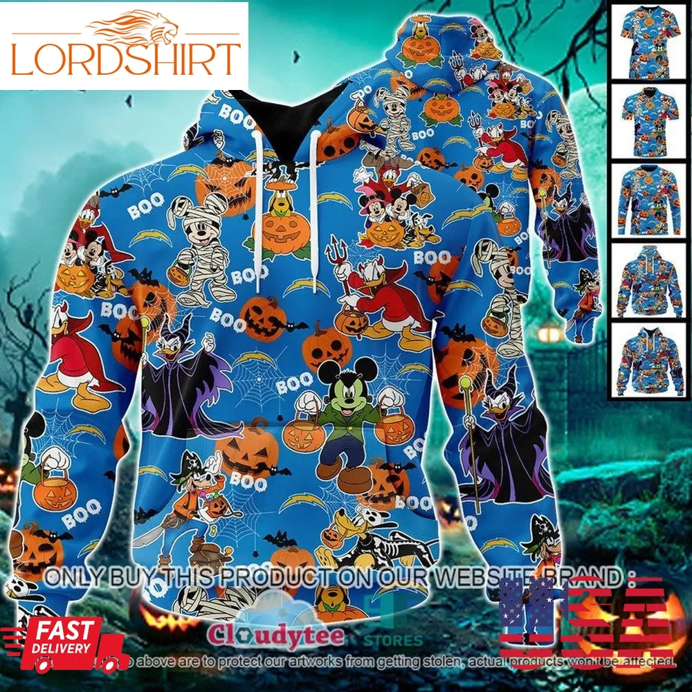 Nfl Los Angeles Chargers Halloween Pumpkin Mickey With Friends Disney Style 3D Hoodie, Shirt