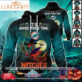 Nfl Miami Dolphins Halloween Pumpkin Flamingo It's Hocus Pocus Time Witches 3D Hoodie, Shirt