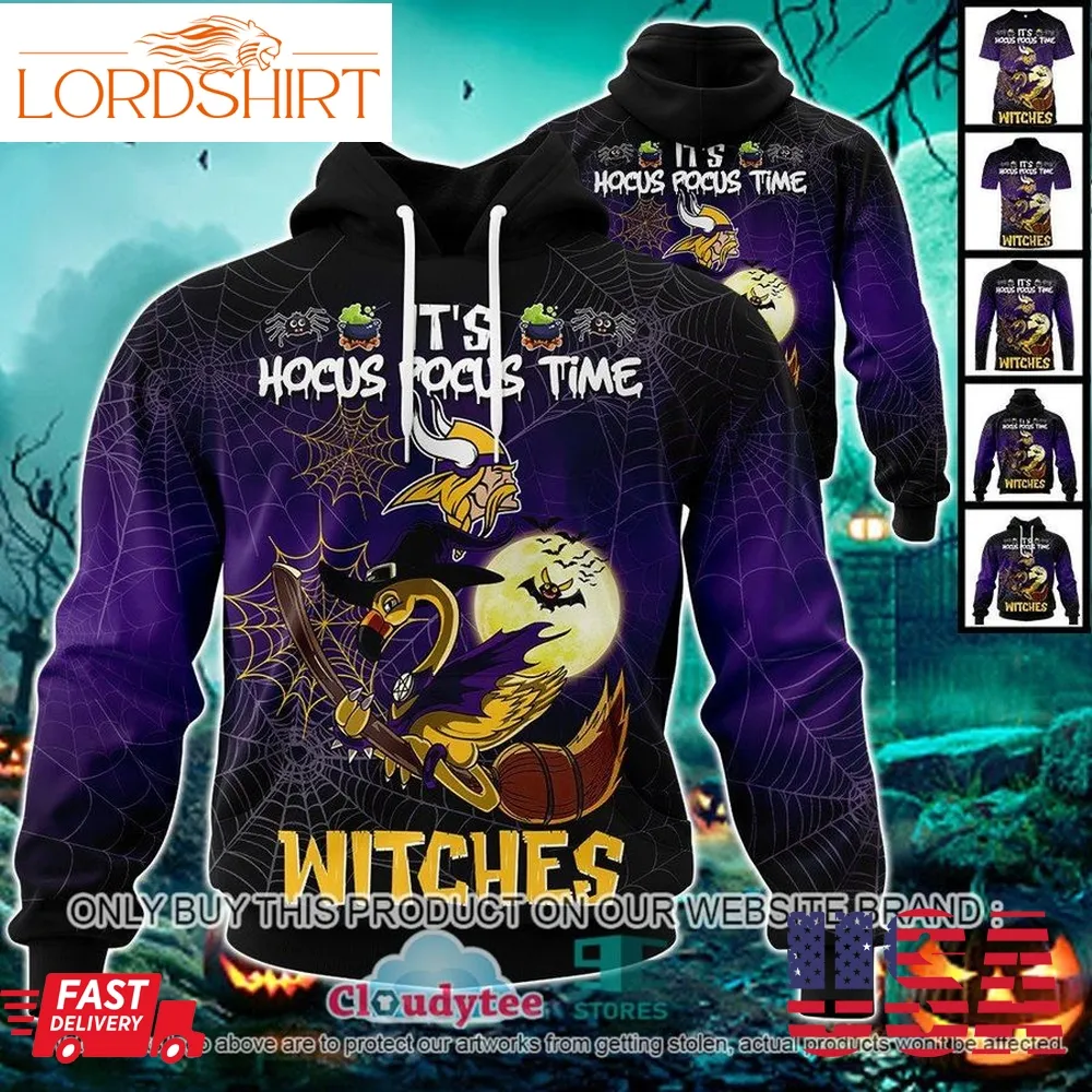 Nfl Minnesota Vikings Halloween Pumpkin Flamingo It's Hocus Pocus Time Witches 3D Hoodie, Shirt