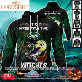 Nfl New York Jets Halloween Pumpkin Flamingo It's Hocus Pocus Time Witches 3D Hoodie, Shirt