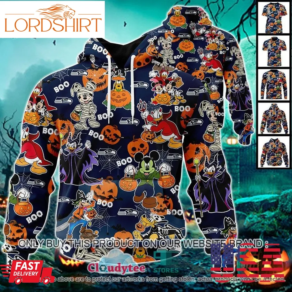 Nfl Seattle Seahawks Halloween Pumpkin Mickey With Friends Disney Style 3D Hoodie, Shirt