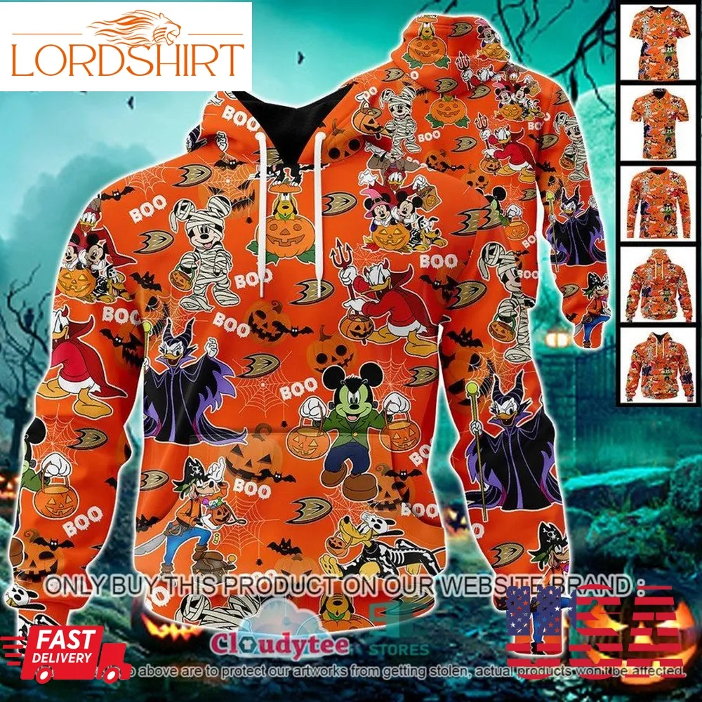 Nhl Anaheim Ducks Halloween Pumpkin Mickey With Friends Disney Style 3D Hoodie, Shirt