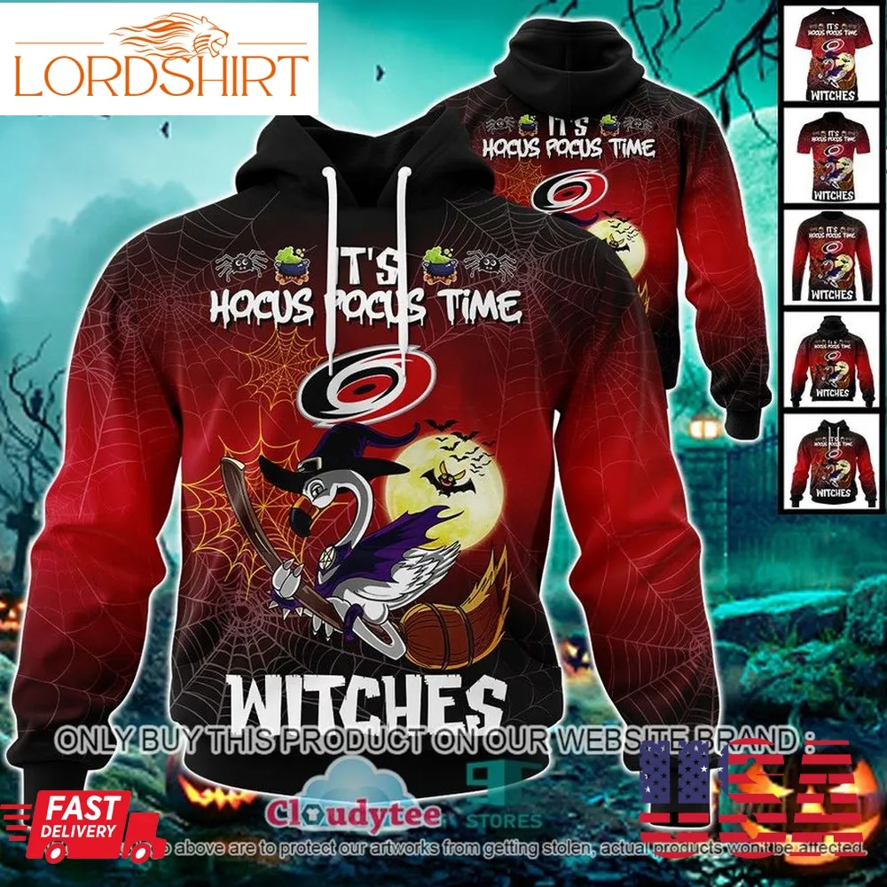 Nhl Carolina Hurricanes Halloween Pumpkin Flamingo It's Hocus Pocus Time Witches 3D Hoodie, Shirt