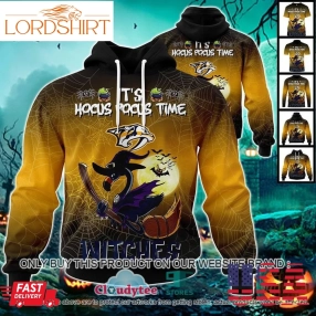 Nhl Nashville Predators Halloween Pumpkin Flamingo It's Hocus Pocus Time Witches 3D Hoodie, Shirt