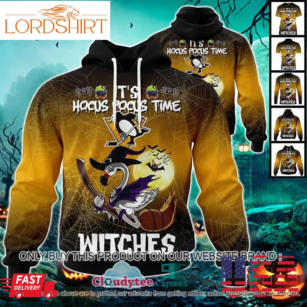 Nhl Pittsburgh Penguins Halloween Pumpkin Flamingo It's Hocus Pocus Time Witches 3D Hoodie, Shirt