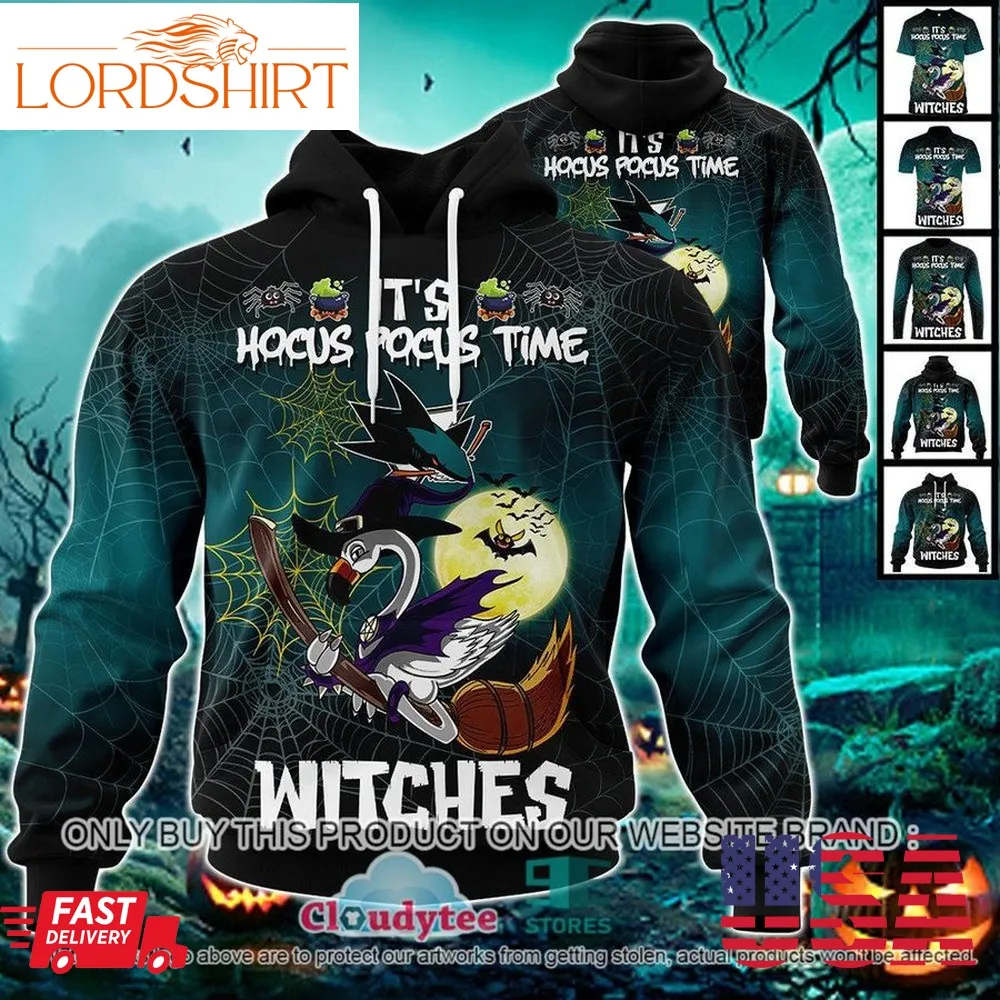 Nhl San Jose Sharks Halloween Pumpkin Flamingo It's Hocus Pocus Time Witches 3D Hoodie, Shirt